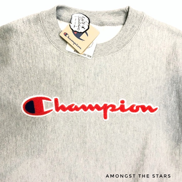 Champion Reverse Weave Chenille Logo Grey Crewneck - Picture 2 of 8